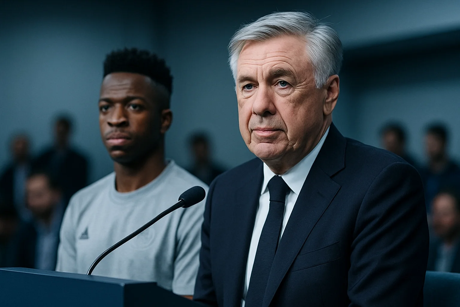 ancelotti vini jr declarações - imprensa: Ancelotti no pódio, Vini Jr. no fundo, jornalistas desfocados