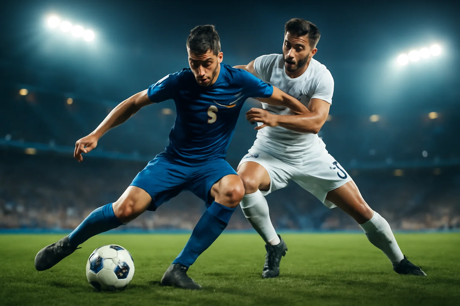 jogos futebol hoje 04: Plano geral de dois jogadores disputando a bola sob iluminação de estádio, público desfocado.