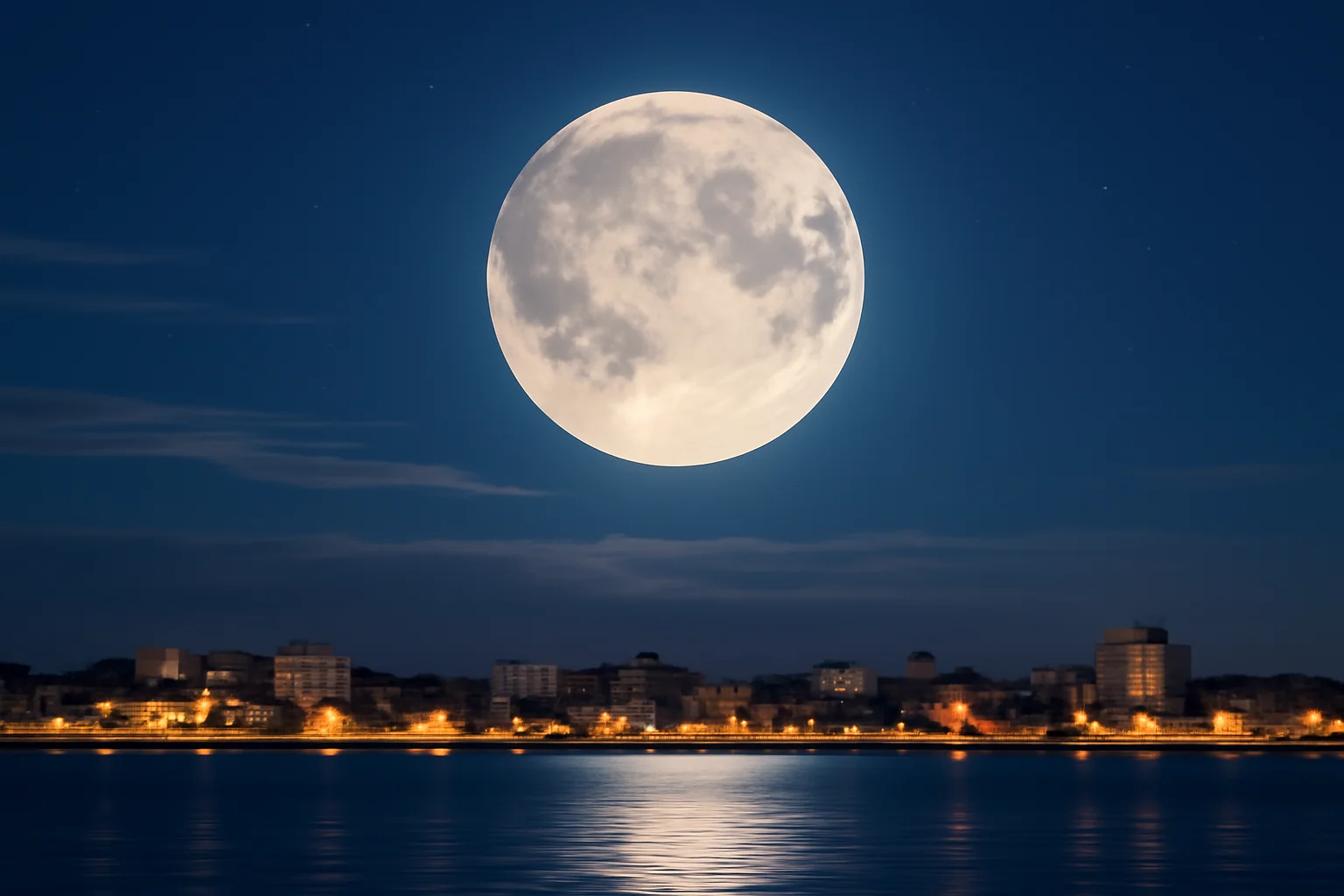 segunda superlua ano saiba: cidade litorânea brasileira, lua gigante prateada refletindo no mar sob céu azul profundo.